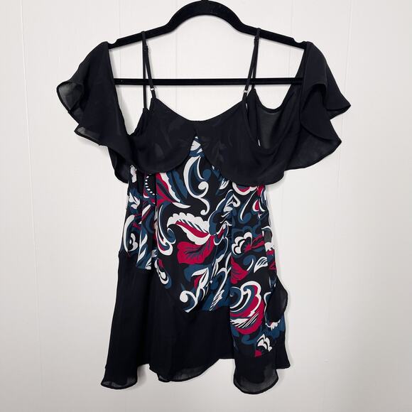 Parker Draped Sleeve Blouse Cold Shoulder Ruffle Pieced Paisley Print Black M - Picture 2 of 12